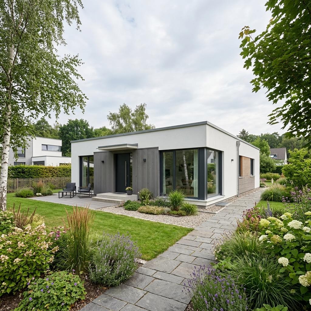 Bungalow Purea 142 des Herstellers Bien-Zenker mit Flachdach — Design-Bungalow mit 142 m²