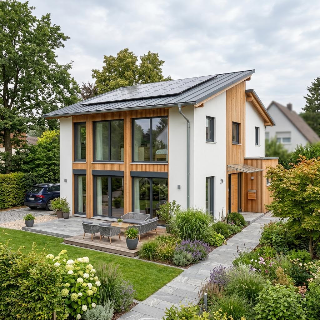 Pultdachhaus Evolution Pult 165 des Herstellers Bien-Zenker mit versetztem Dach und Lichtband