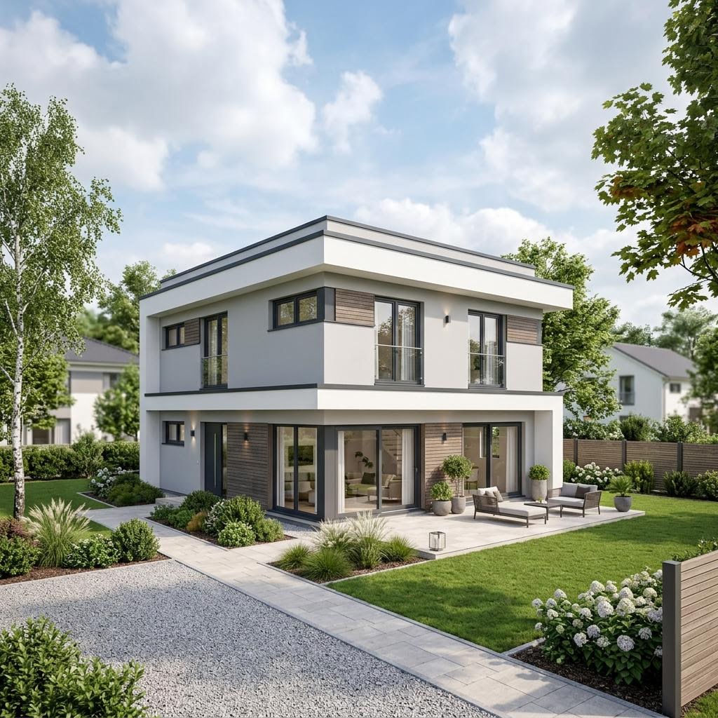 Kubushaus Concept 148 des Herstellers Bien-Zenker mit Flachdach — kubisches Fertighaus im Bauhausstil mit 148 m²