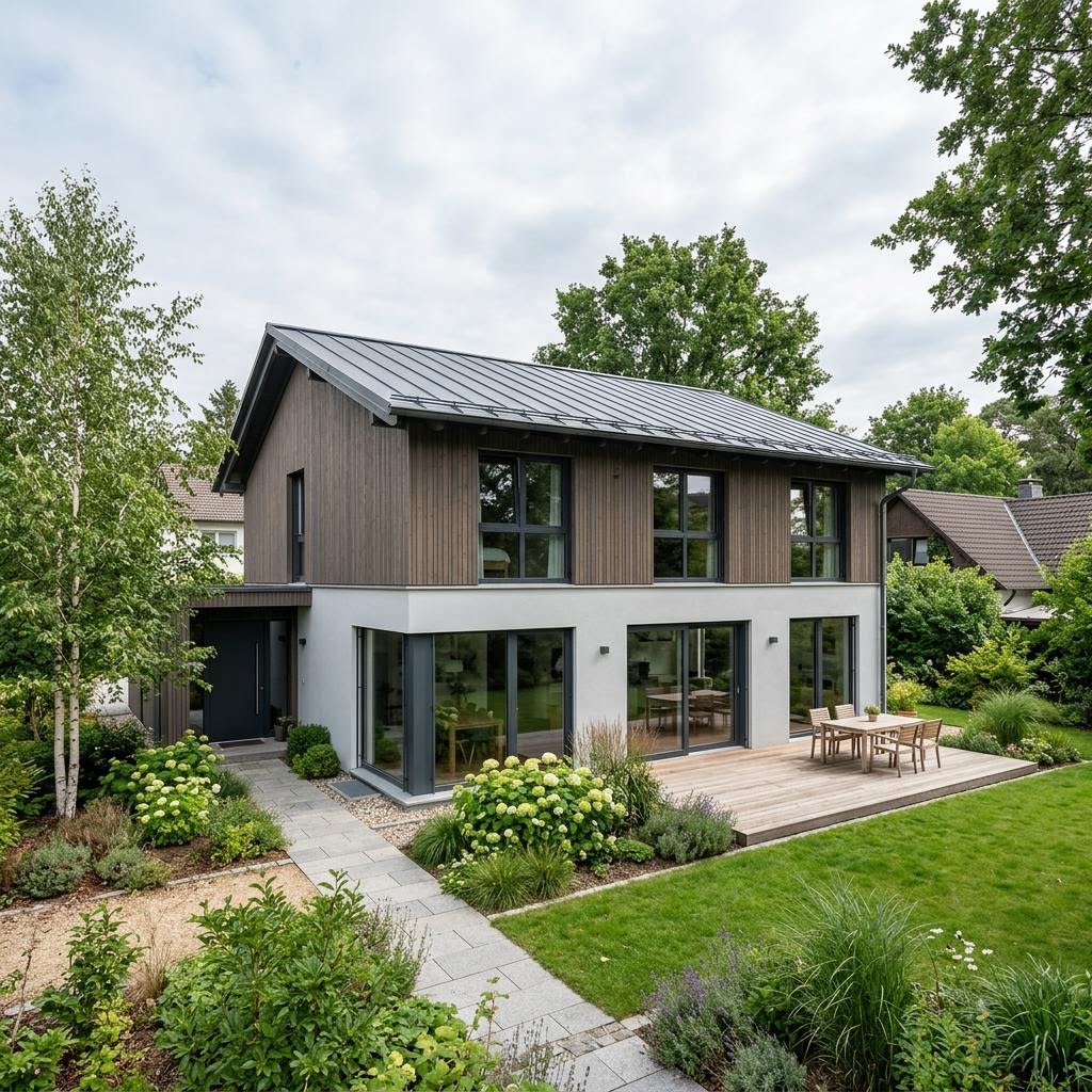 Pultdachhaus PultFusion 152 des Herstellers Bien-Zenker mit bodentiefer Fensterfront und Solardach