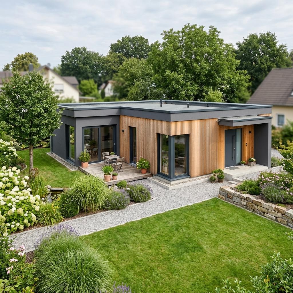 Winkelbungalow Angulo 136 des Herstellers Bien-Zenker mit Flachdach — moderner Winkelbungalow mit 136 m²
