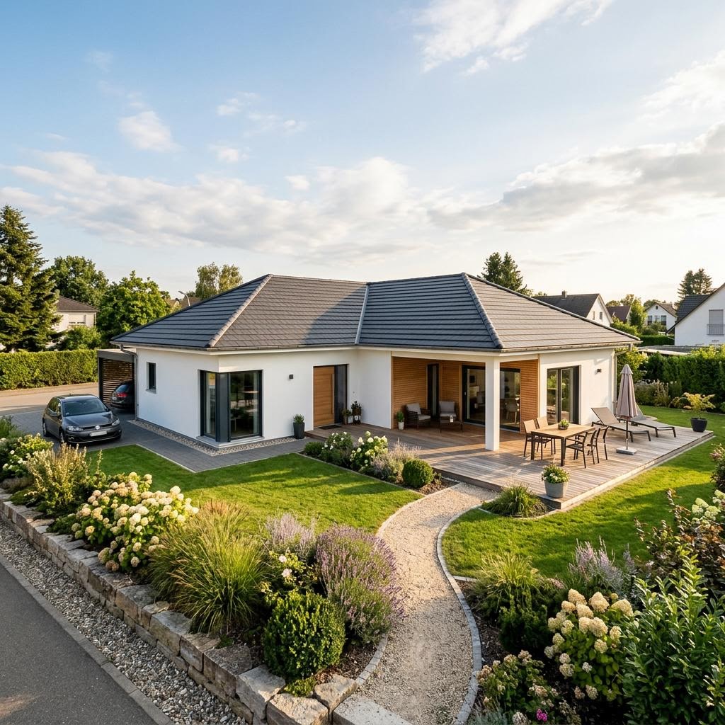 Kompakter Winkelbungalow Purea 130 des Herstellers bien-zenker mit Walmdach und Terrasse