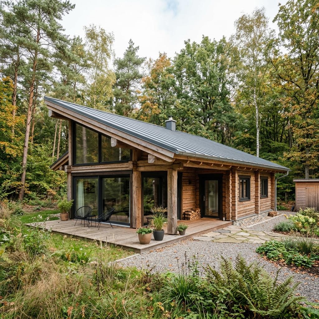 Blockhaus Flatwood Green 90 des Herstellers LéonWood — modernes Pultdach-Blockhaus mit 95 m²