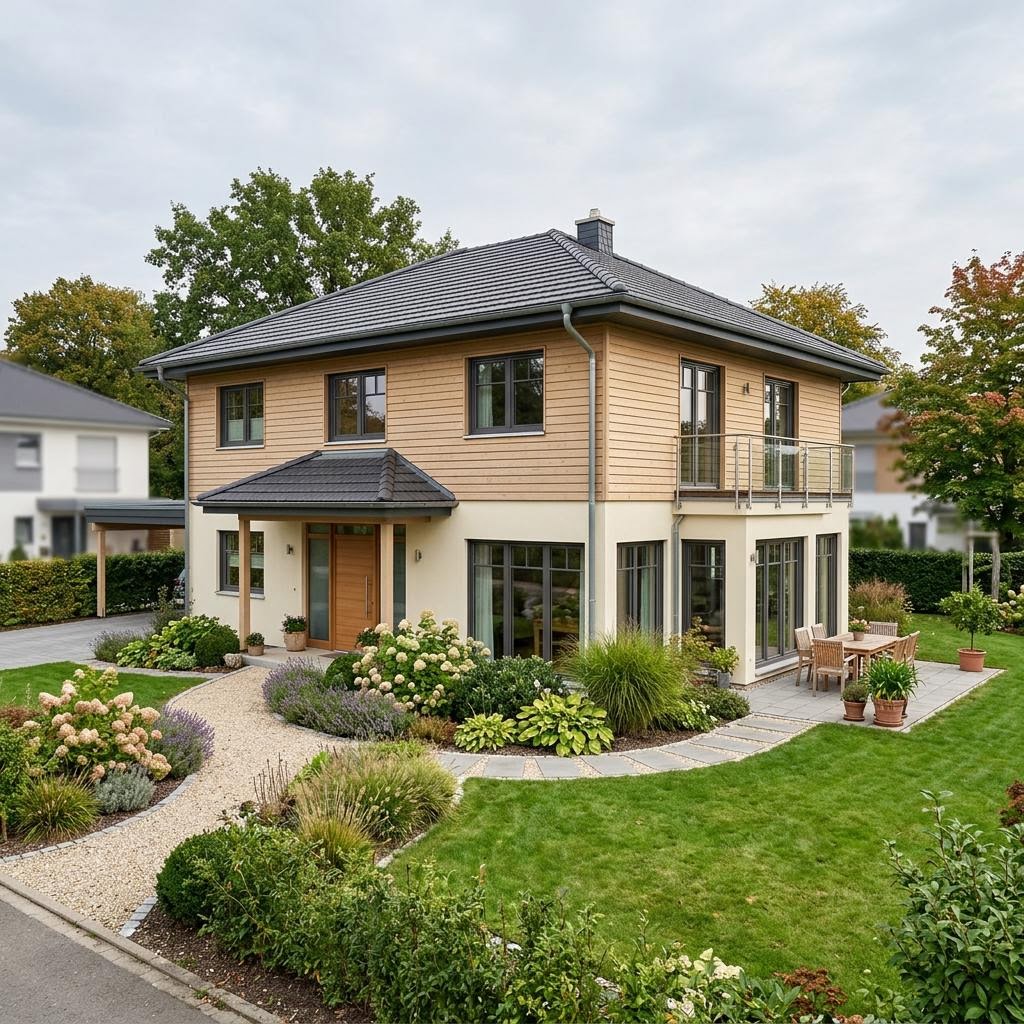 Amerikanisches Haus Albany 200 des Herstellers Bostonhaus mit Veranda und Doppelgarage