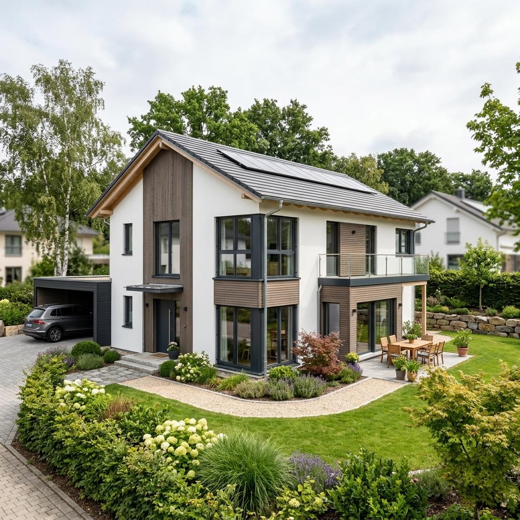 Amerikanisches Haus Vermont 172 des Herstellers Bostonhaus im Neuengland-Stil mit Veranda und Satteldach