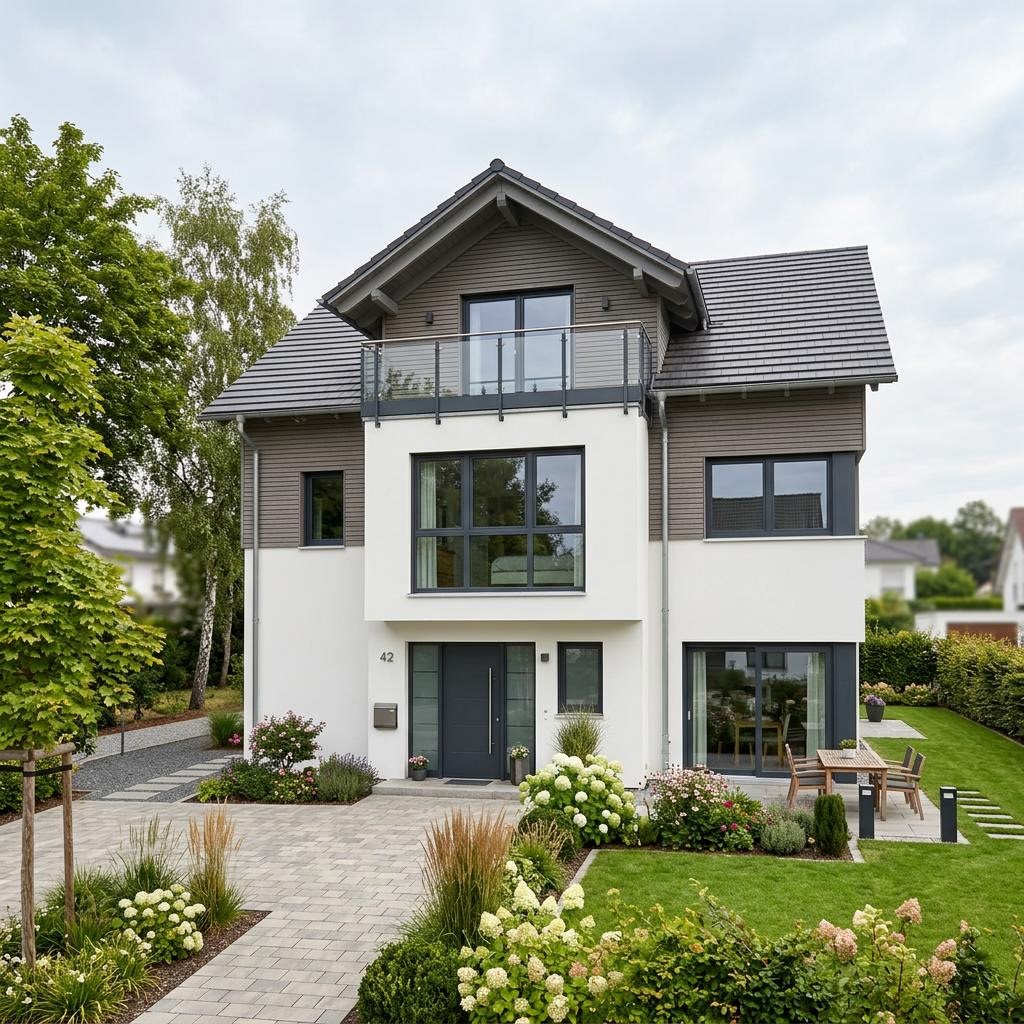 Einfamilienhaus Cascada 138 des Herstellers Büdenbender Hausbau als Fertighaus mit Zwerchdach