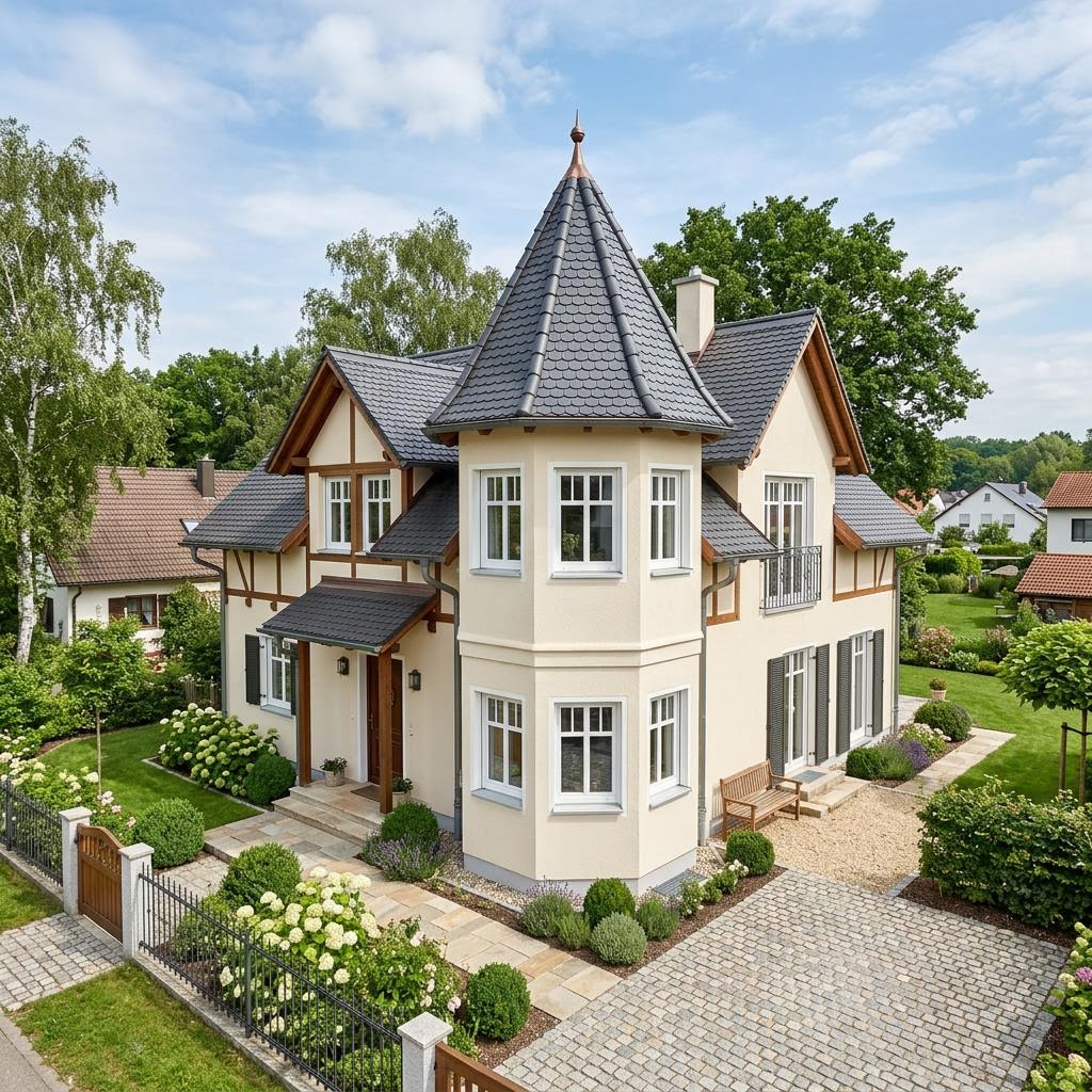 Stadtvilla Klassik Turm 149 des Herstellers Büdenbender Hausbau mit Turmdach — 149 m²
