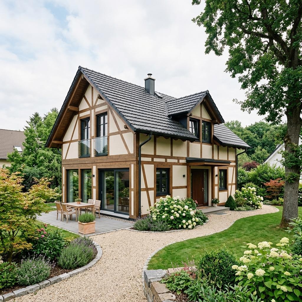Landhaus Fachwerk 146 des Herstellers Büdenbender Hausbau mit sichtbarem Fachwerk und Satteldach