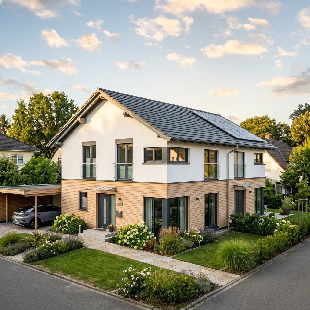 Zweifamilienhaus Belando 188 des Herstellers buedenbender in Holztafelbauweise mit Satteldach