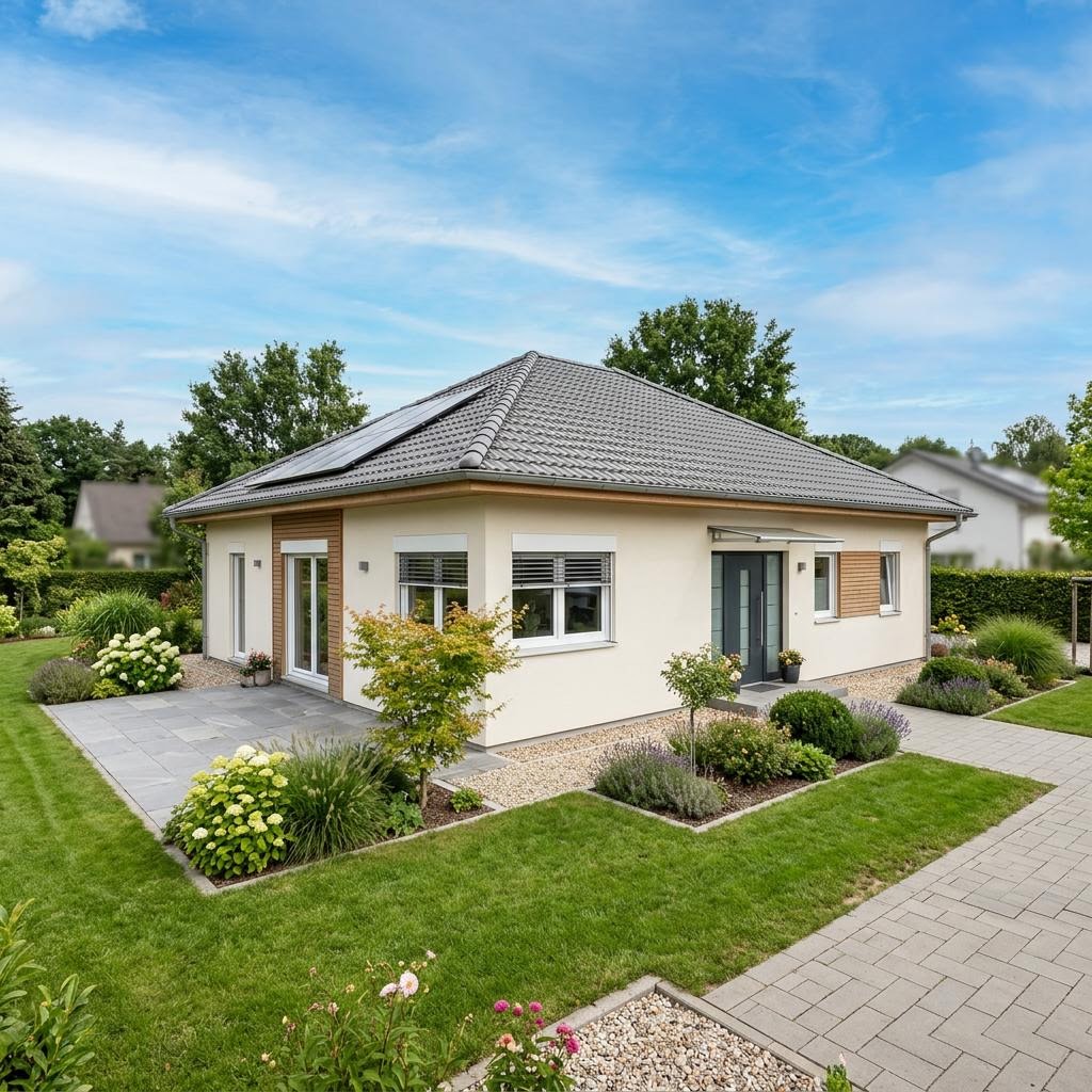 Bungalow 131 des Herstellers ELK Haus mit Walmdach — schwellenarmes Fertighaus mit 131 m²