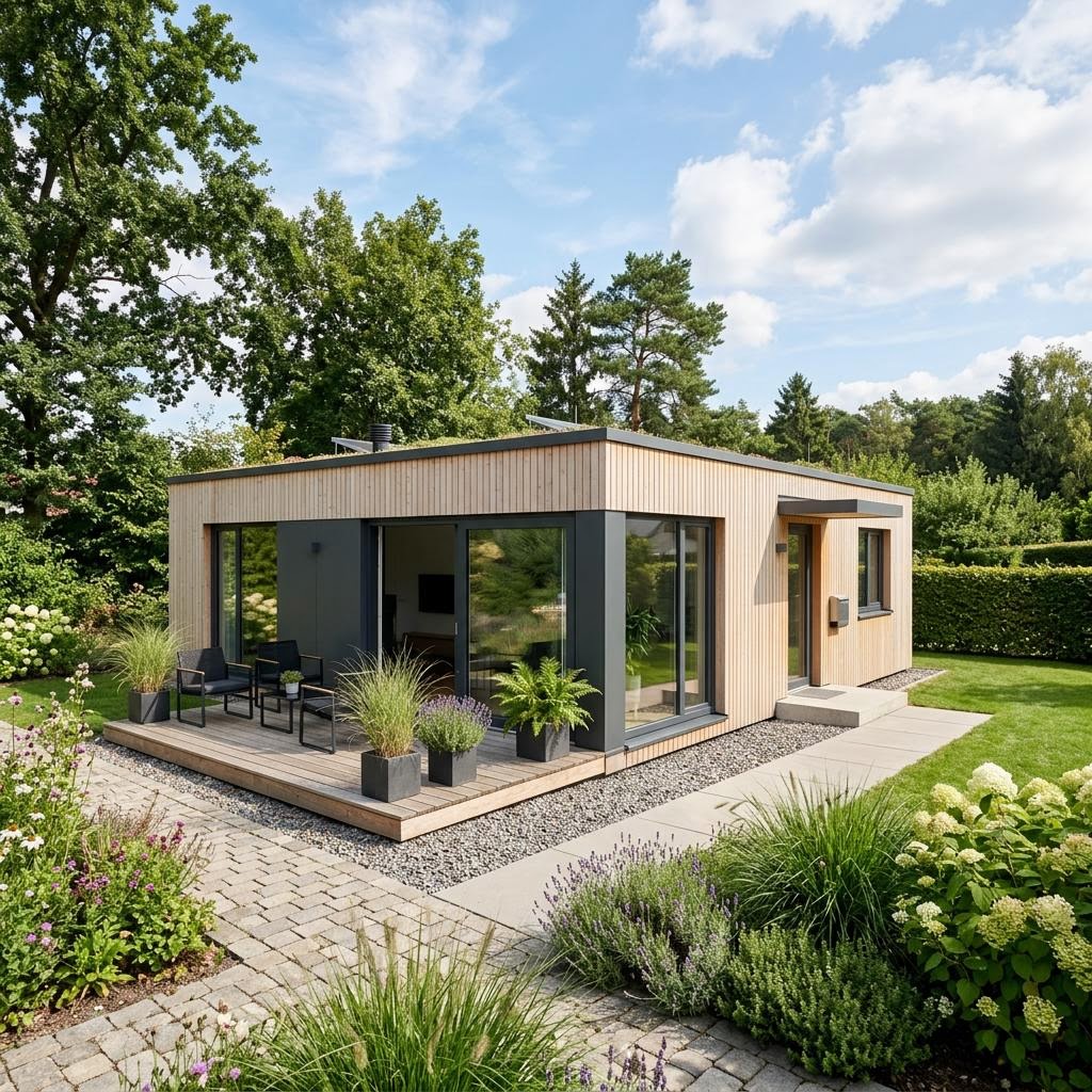 Singlehaus FlexHome FH 60 des Herstellers Haas Fertigbau mit Flachdach — platzsparendes Fertighaus mit rund 60 m²