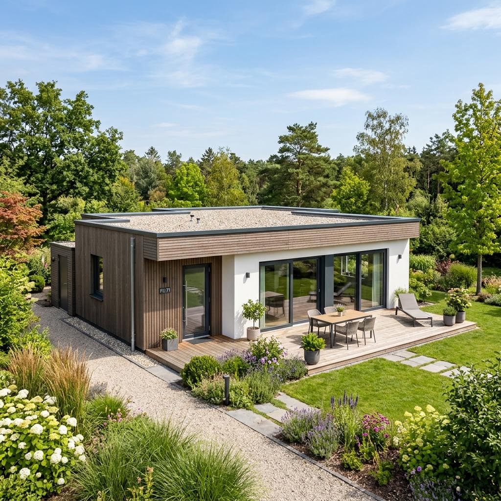 Singlehaus FlexHome FH 71 A des Herstellers Haas Fertigbau mit Flachdach — Fertighausmodell mit rund rund 71 m²