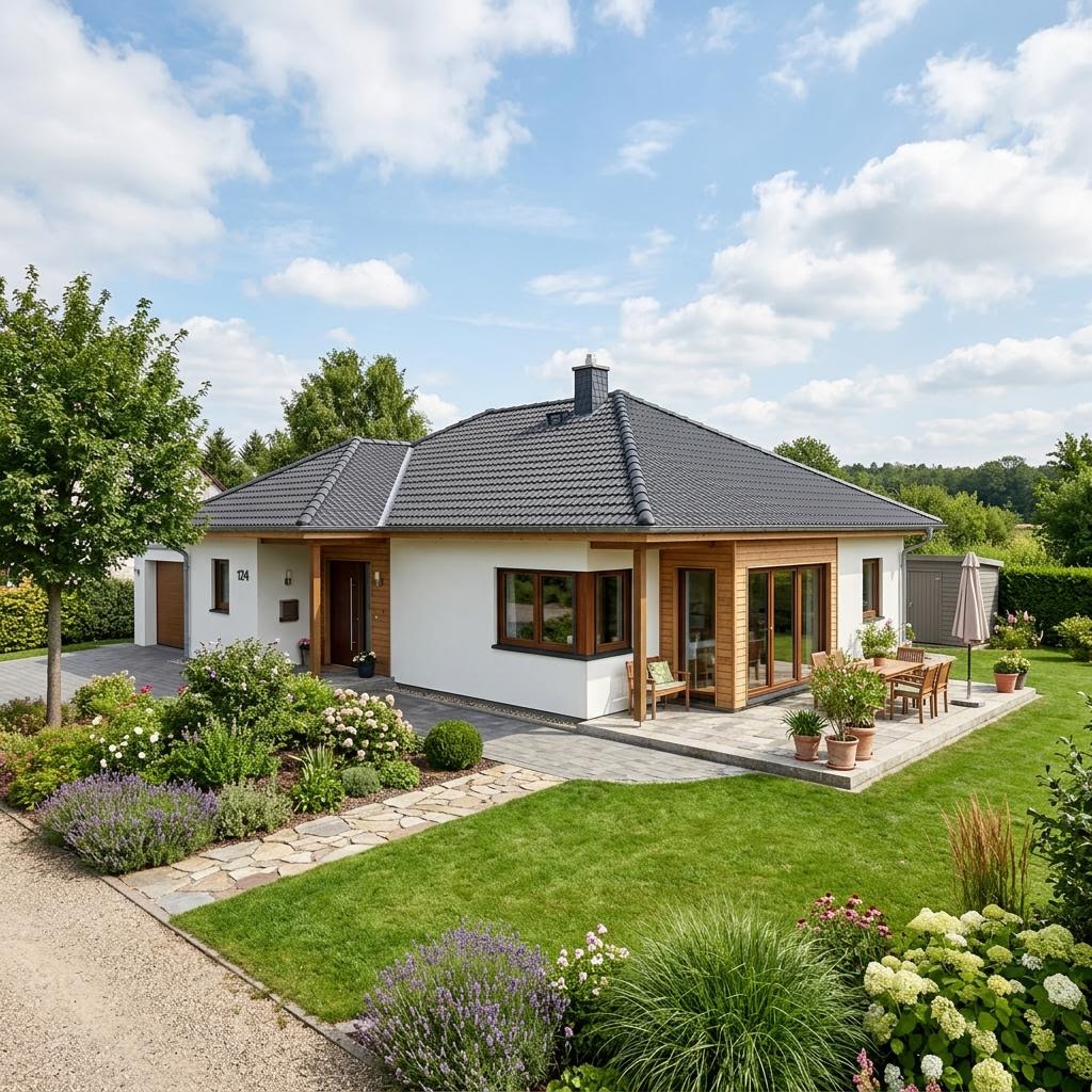 Bungalow SH 124 B des Herstellers ScanHaus Marlow mit Walmdach — schwellenarmes Fertighaus mit 124 m²