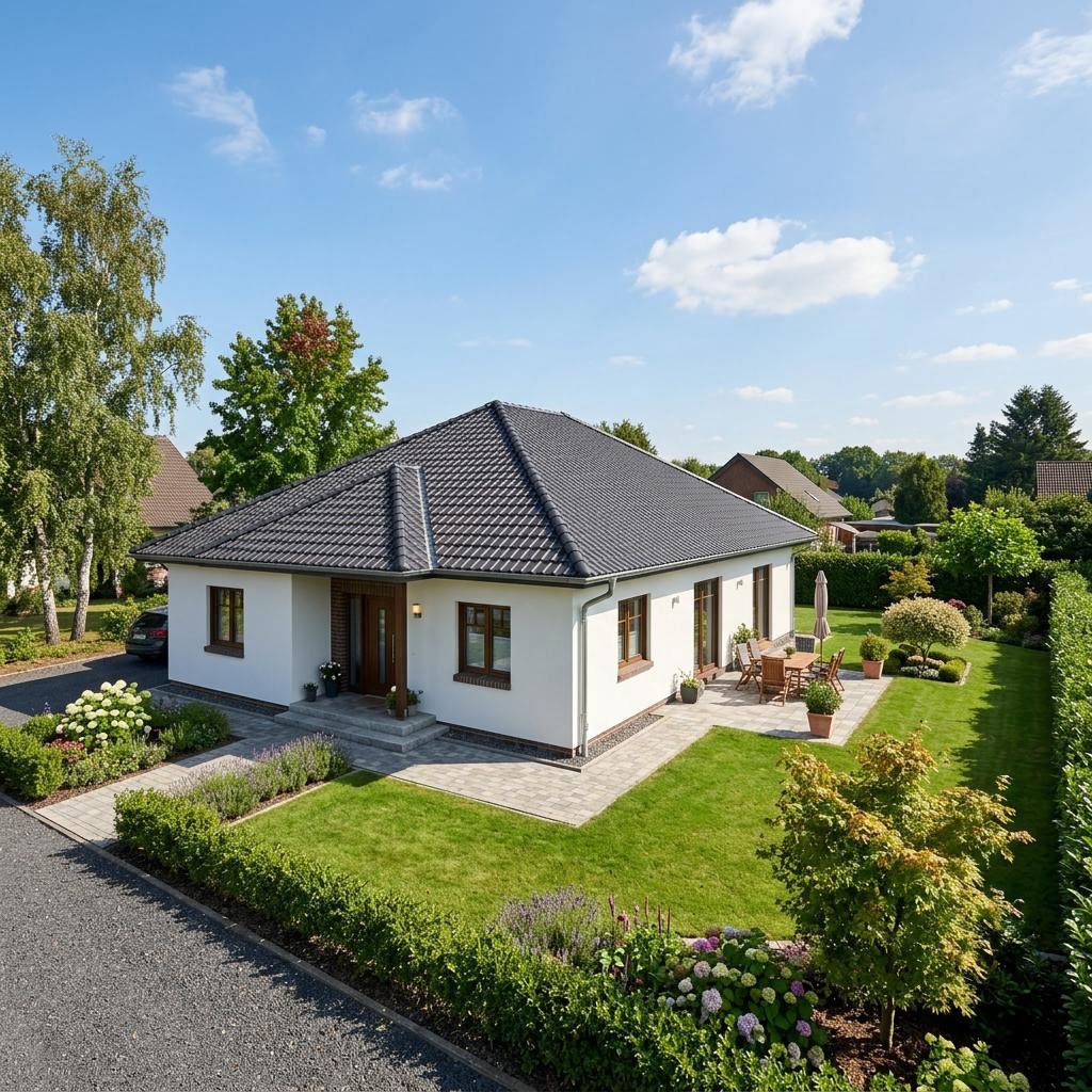 Bungalow 128 des Herstellers Town & Country mit Walmdach — massiv errichteter Winkelbungalow mit 128 m²