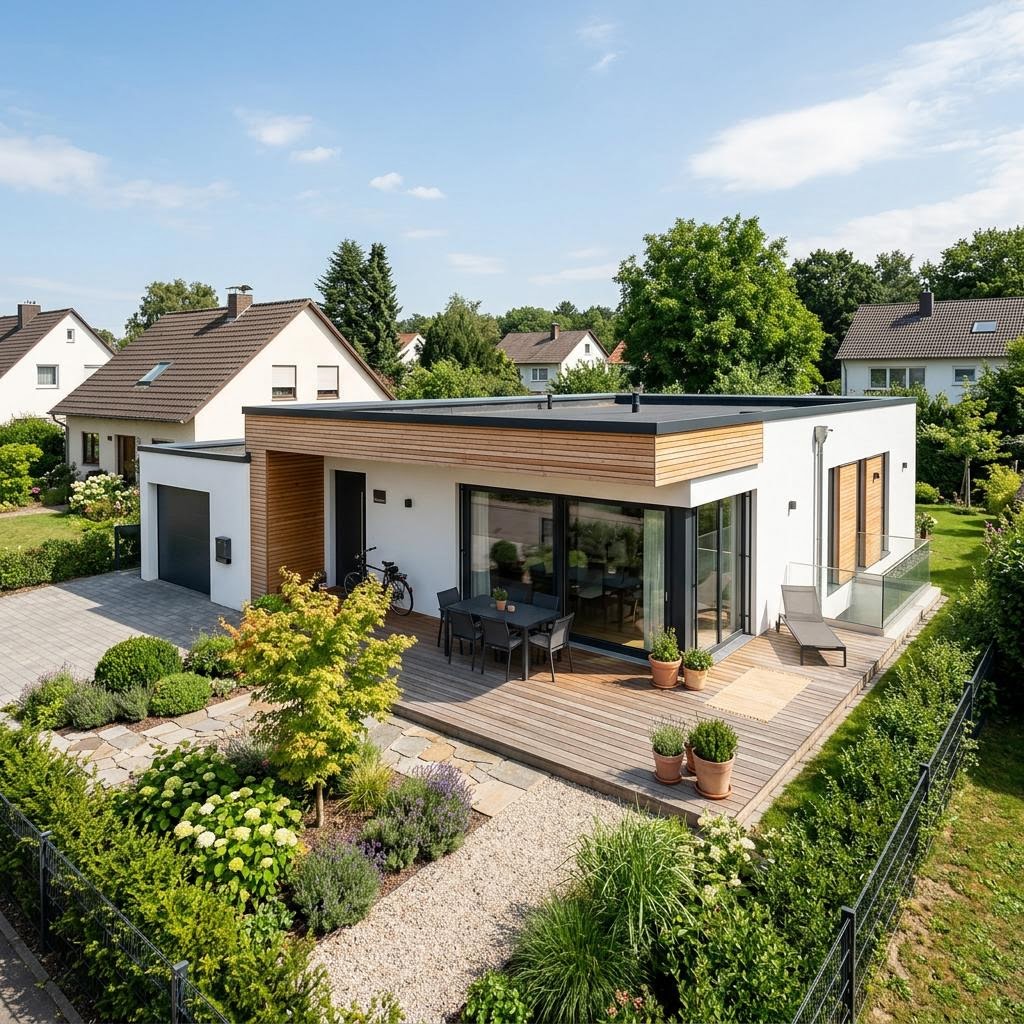 Bungalow Option des Herstellers WeberHaus — platzsparender Flachdach-Bungalow mit 53 m²