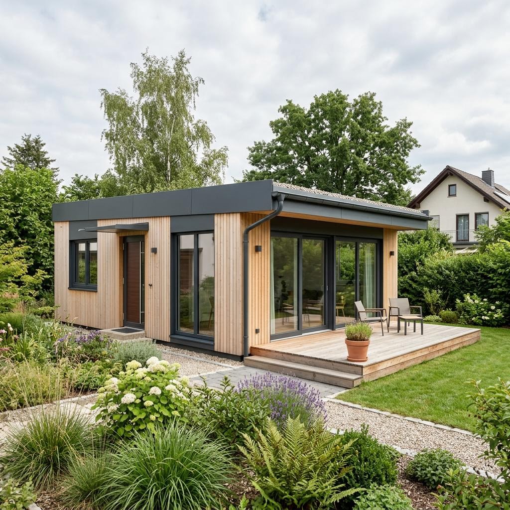 Anbau Anbau Modul 28 des Herstellers CABIN ONE — werkfertiges Holzmodul zur Hauserweiterung mit Flachdach und 28 m²