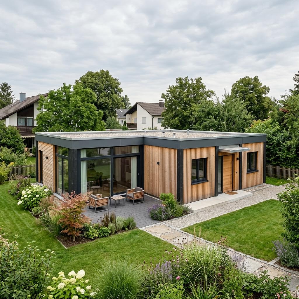 Modulhaus Atrium 90 des Herstellers CABIN ONE — L-förmiges Holzmodulhaus mit Innenhof und 90 m²