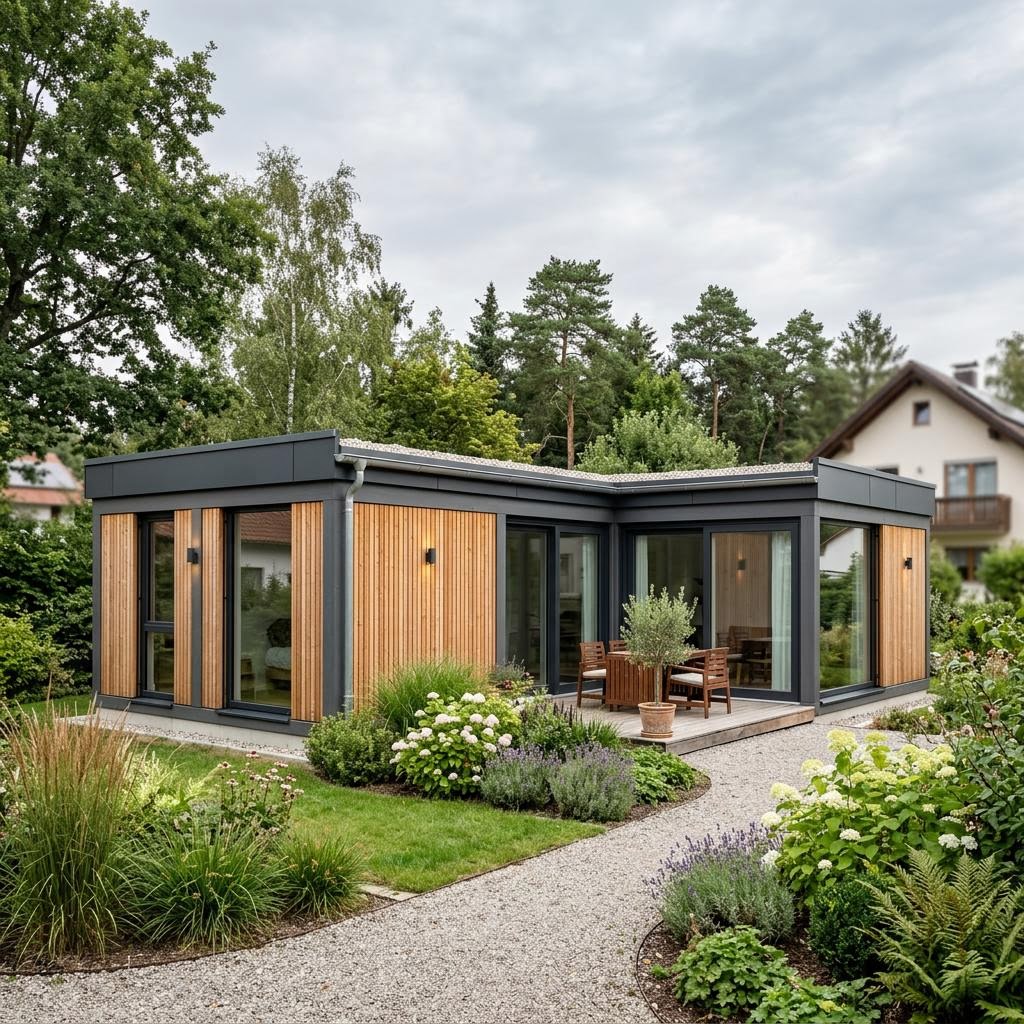 Modulhaus Flex 60 des Herstellers CABIN ONE — puristisches Holzmodulhaus mit Flachdach und 60 m²