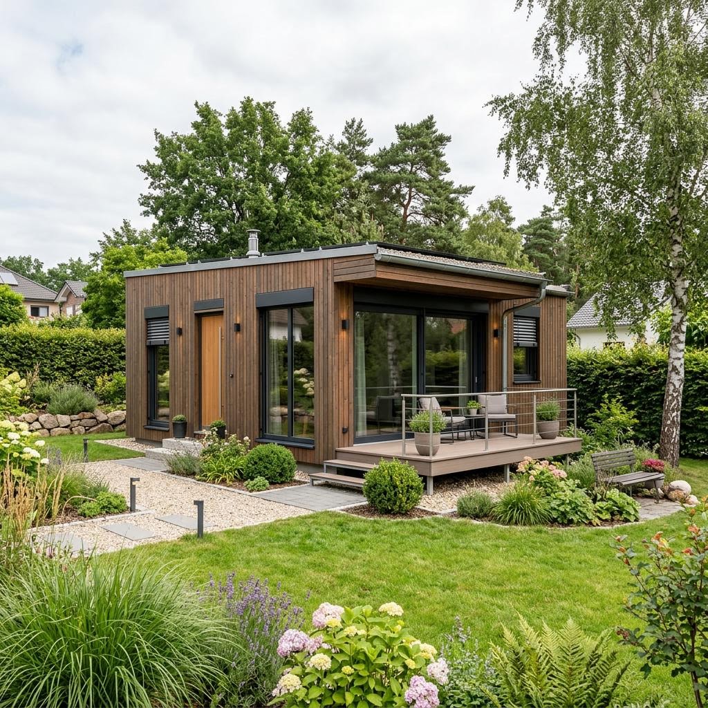 Tiny House Tiny Nature 38 des Herstellers CABIN ONE — naturnahes Holzmodul-Minihaus mit Flachdach und 38 m²