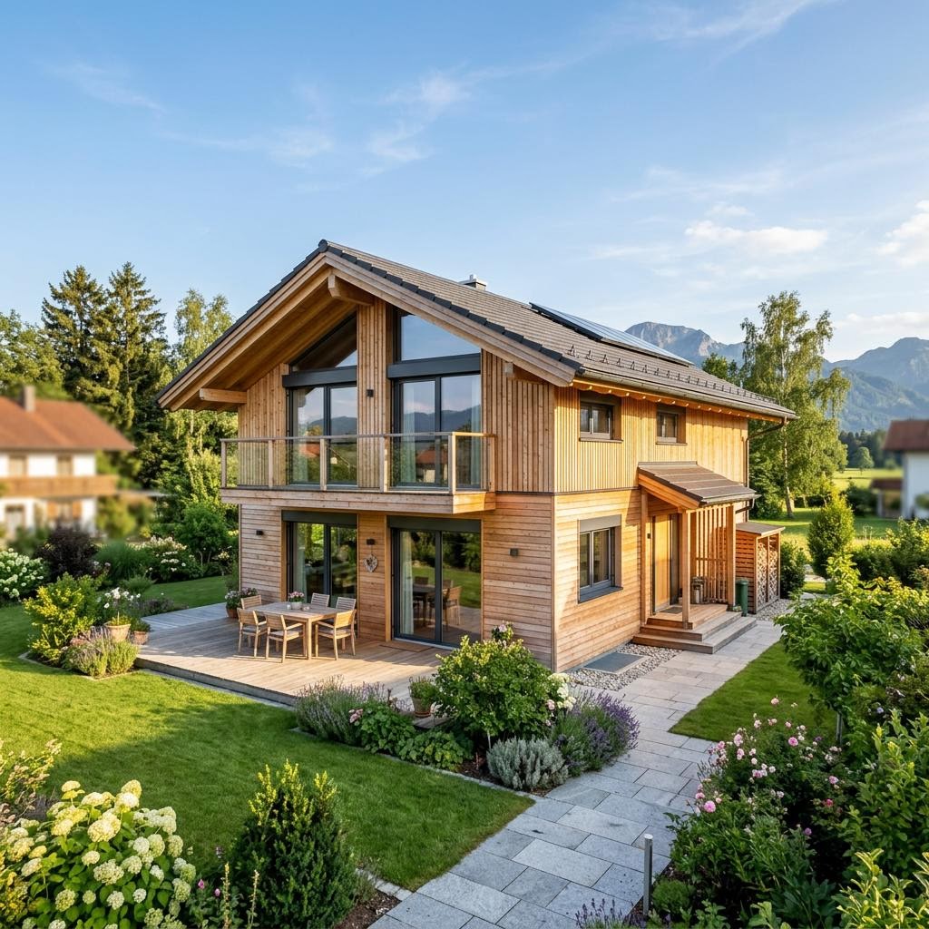 Chalet Chalet Rauschberg des Herstellers Chiemgauer Holzhaus mit Satteldach und Holzfassade