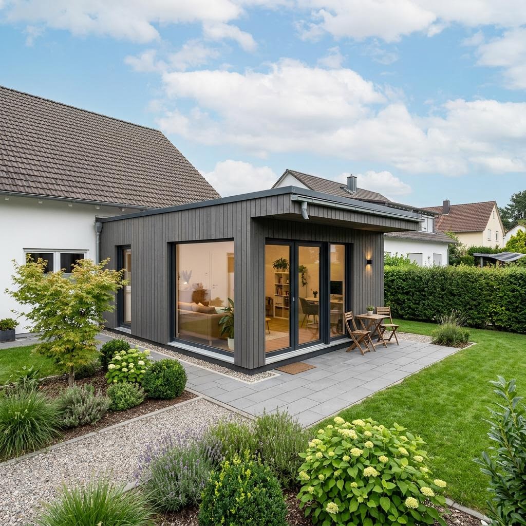 Anbau-Modul Anbau Cube 28 des Herstellers Conliving mit Flachdach — Modulbau-Wohnmodul mit 28 m²