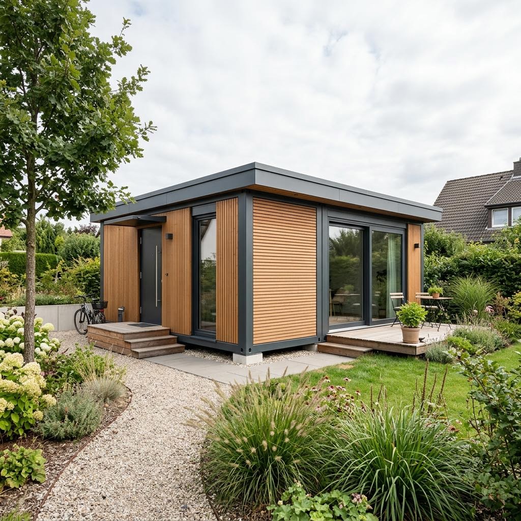 Containerhaus Container Single 25 des Herstellers Conliving — platzsparendes Wohncontainer-Modul mit Flachdach und 25 m²