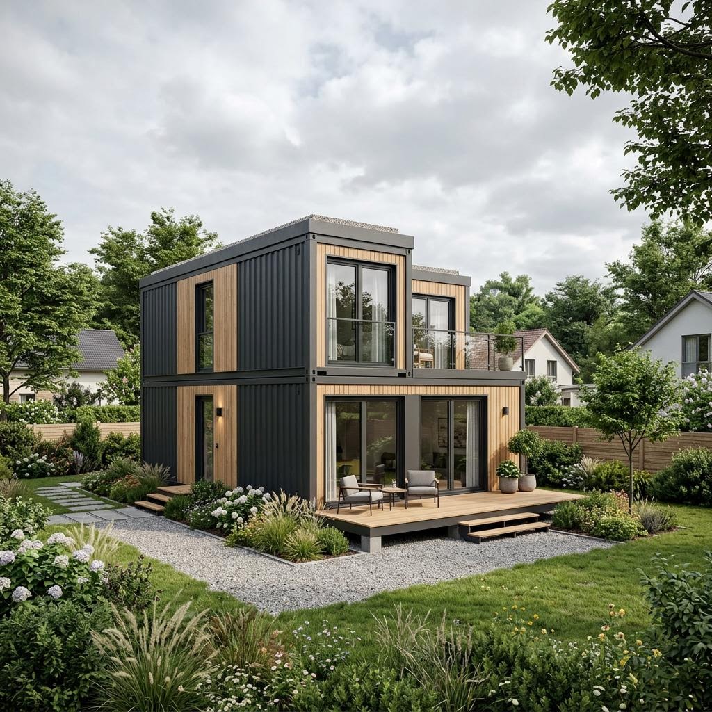 Containerhaus Container Stack 64 des Herstellers Conliving — zweigeschossiges Wohncontainer-Haus mit Flachdach und 64 m²