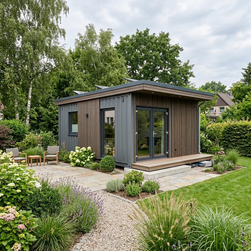 Containerhaus Containerhaus garden 22 des Herstellers Rospen — platzsparendes Stahlcontainer-Modul mit Flachdach und 22 m²
