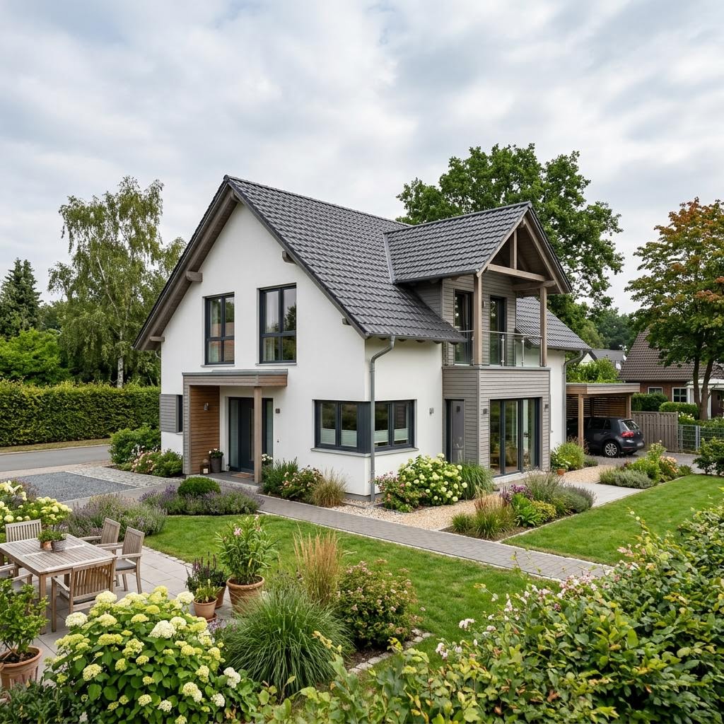 Kapitänshaus Deichgraf 158 des Herstellers Nordkap Haus mit Zwerchhaus und Klinkerfassade und Satteldach