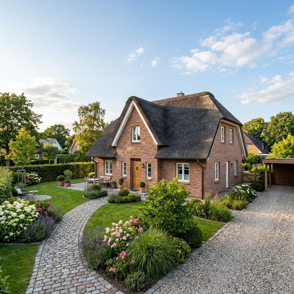 Friesenhaus Ebbe des Herstellers Dammann-Haus mit Reetdach-Optik und Backstein