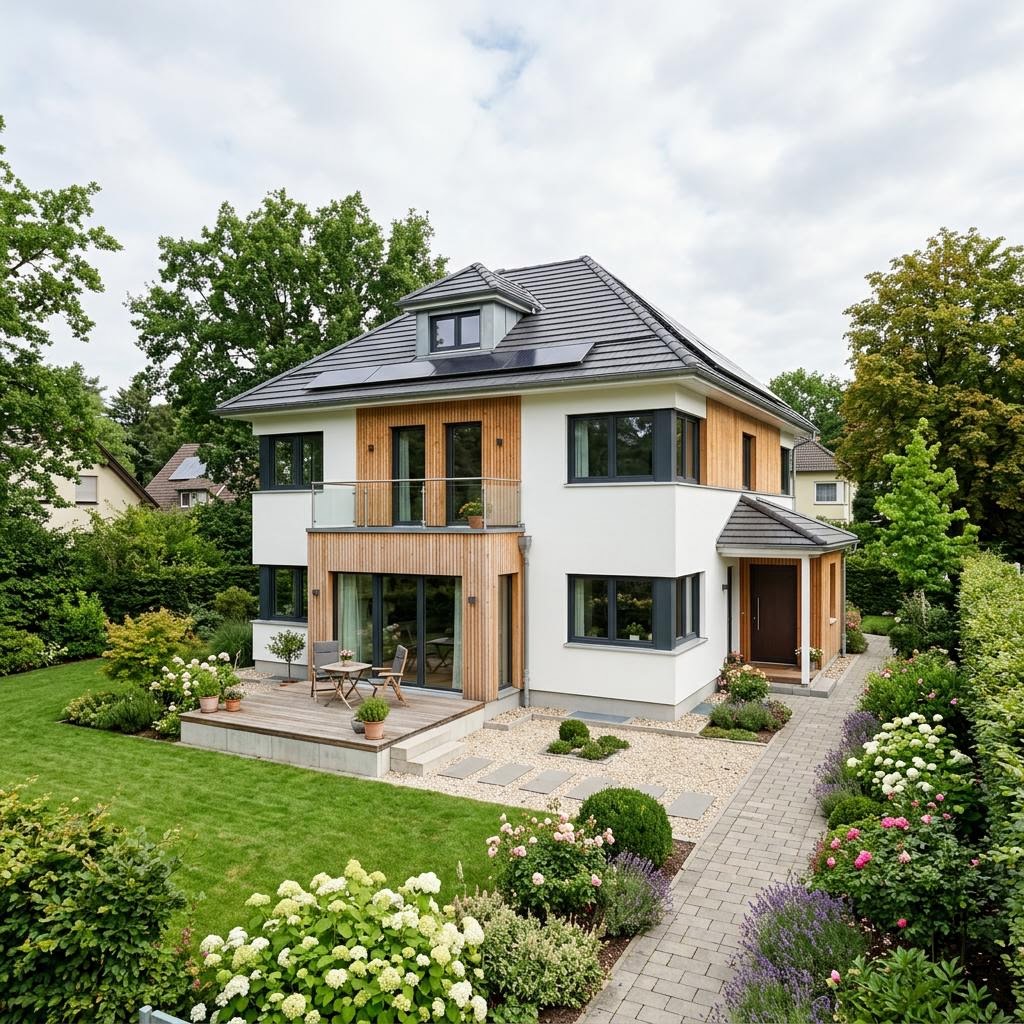 Kapitänshaus Kajüte 128 des Herstellers Dammann-Haus mit Zwerchgiebel und Krüppelwalmdach