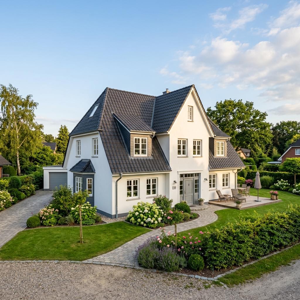 Friesenhaus Möwenweg des Herstellers Dammann-Haus mit weißer Putzfassade und Sprossenfenstern