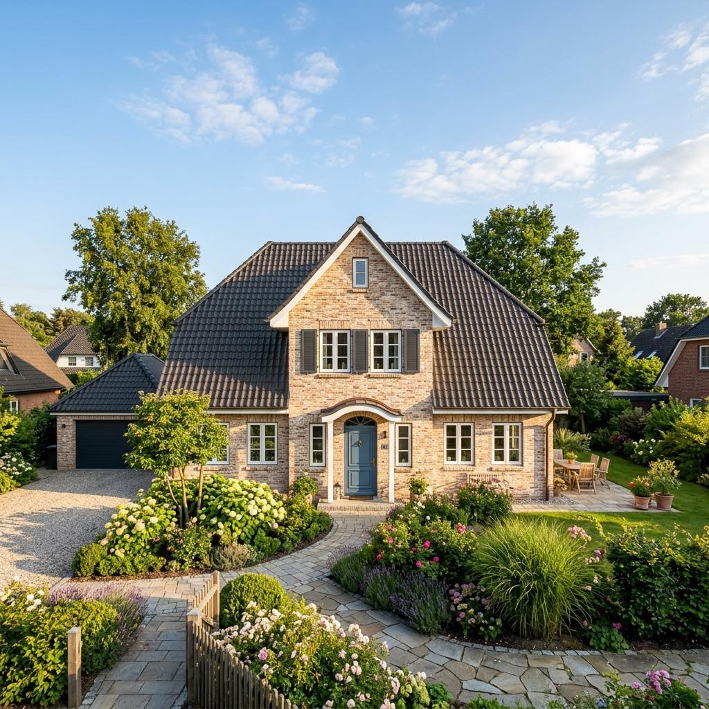 Friesenhaus Priel des Herstellers Dammann-Haus mit hellem Klinker und Sprossenfenstern