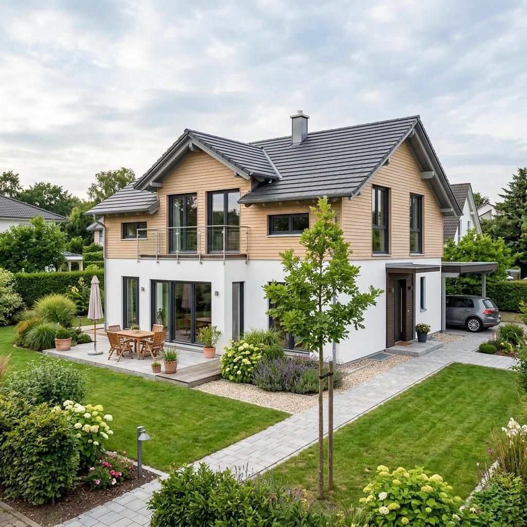 Kapitänshaus Reederei 154 des Herstellers Dammann-Haus mit breitem Zwerchhaus und Satteldach