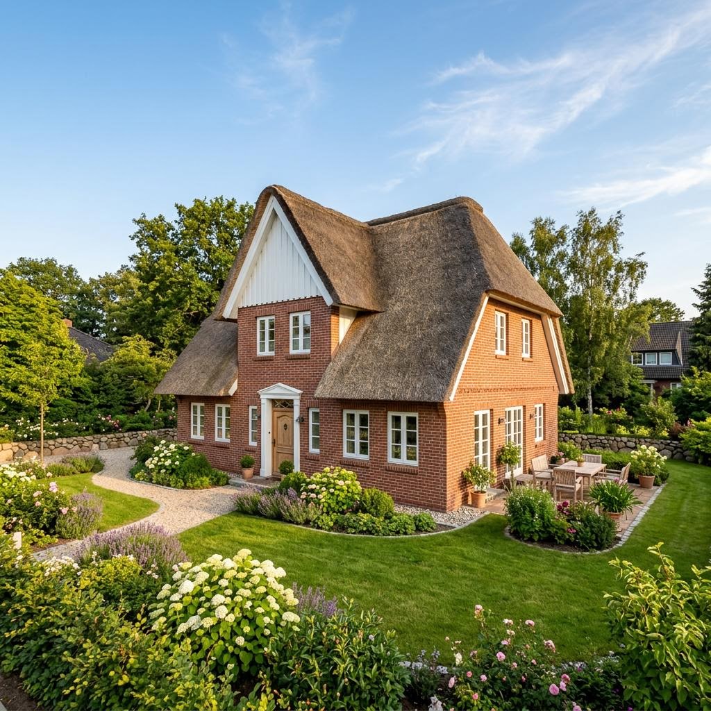 Friesenhaus Reetkate des Herstellers Dammann-Haus mit rotem Klinker und Krüppelwalmdach