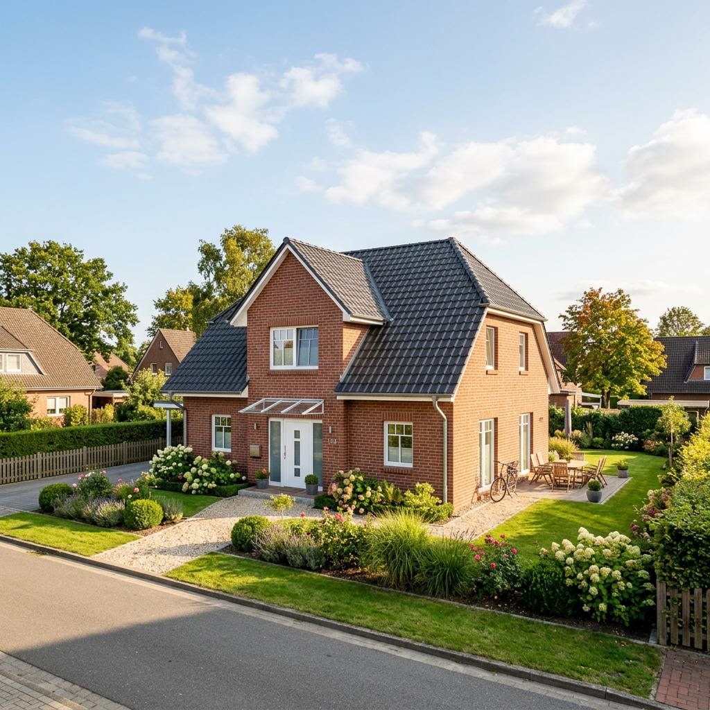 Friesenhaus Warft des Herstellers Dammann-Haus mit rotem Klinker und Krüppelwalmdach