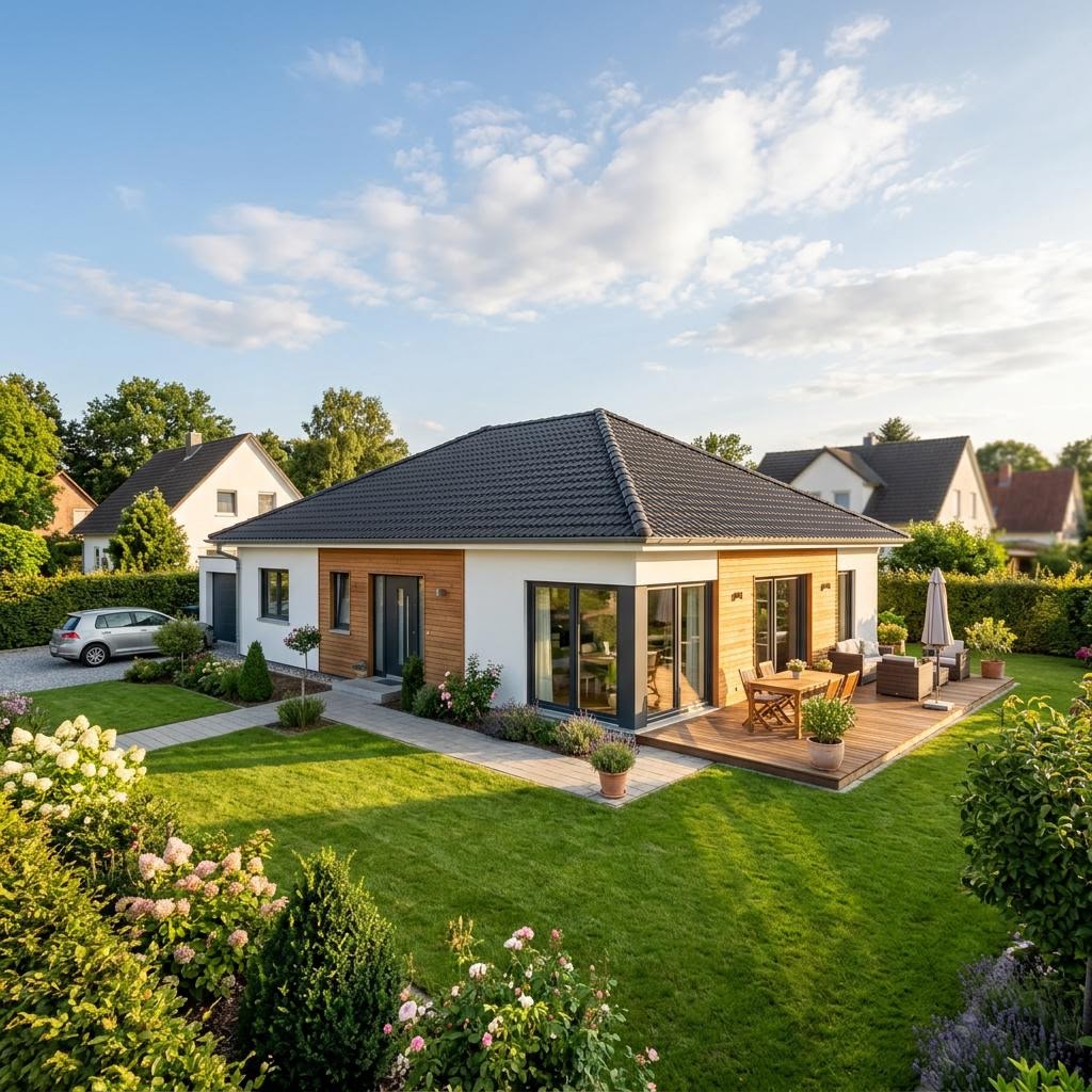 Skandinavischer Bungalow Dänholm 130 des Herstellers Danhaus mit Walmdach