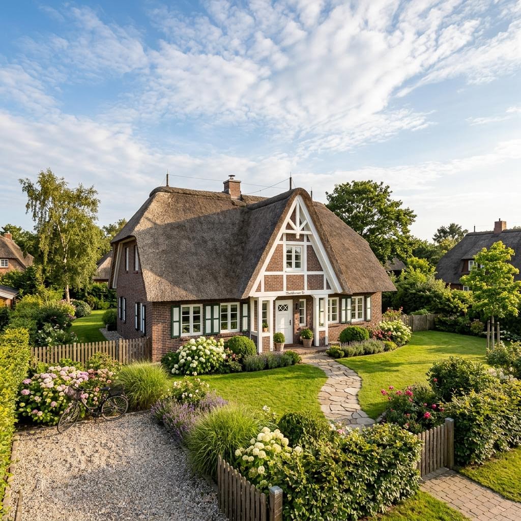 Friesenhaus Deichkrone des Herstellers Danhaus Deutschland mit Reetdach-Optik und Backstein