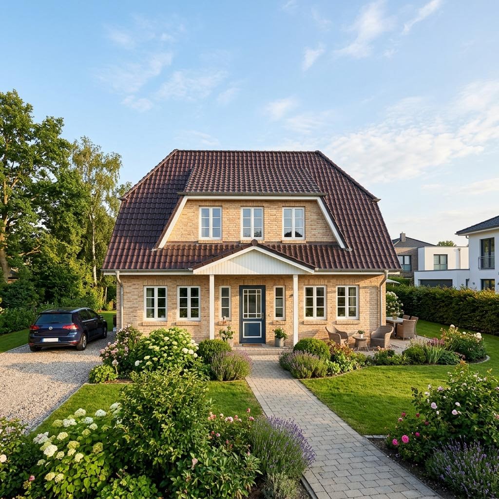 Friesenhaus Halligblick des Herstellers Danhaus Deutschland mit hellem Klinker und Sprossenfenstern