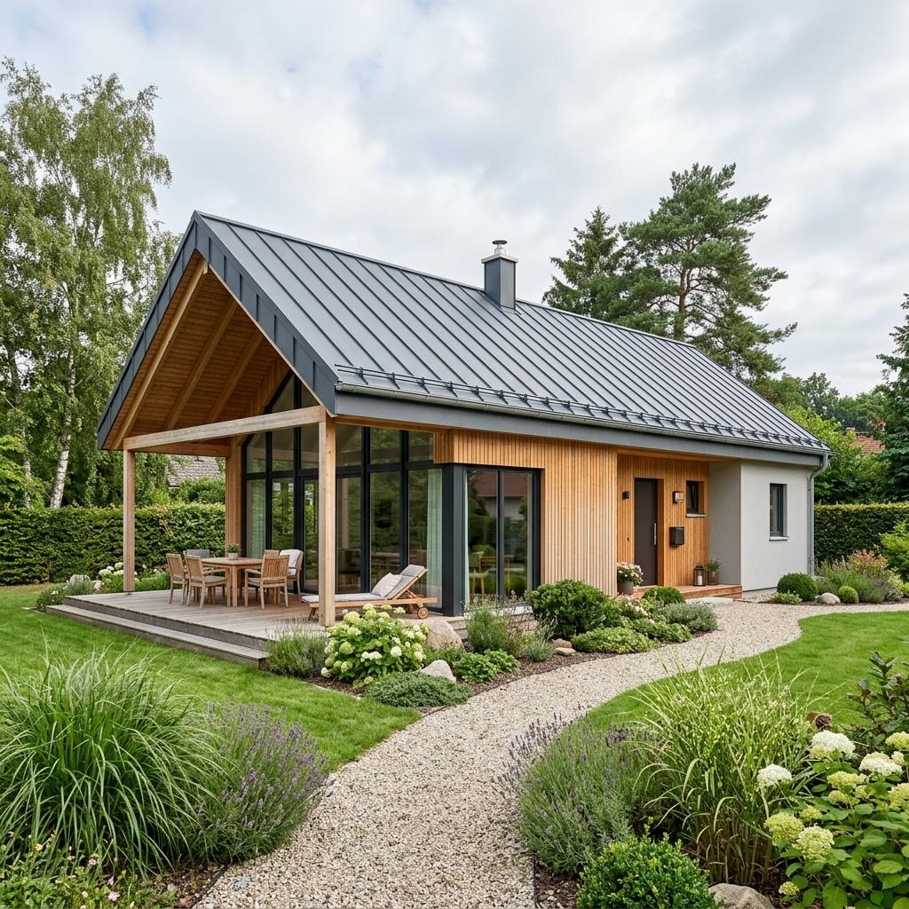 Ferienhaus Havblik 84 des Herstellers Danhaus Deutschland mit großen Glasflächen und Satteldach