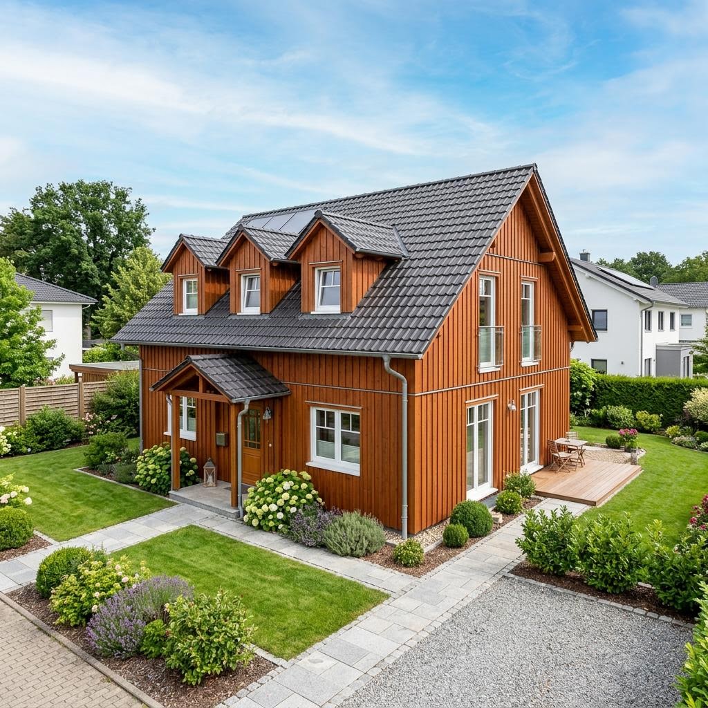 Holzhaus Aarhus 124 des Herstellers Danhaus Deutschland — in Holzrahmenbauweise, rund Satteldach und 124 m²