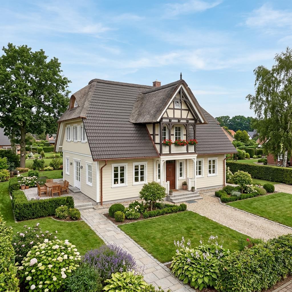 Kapitänshaus Eiderstedt 144 des Herstellers Danhaus Deutschland mit Krüppelwalmdach in Reet-Optik — 144 m²