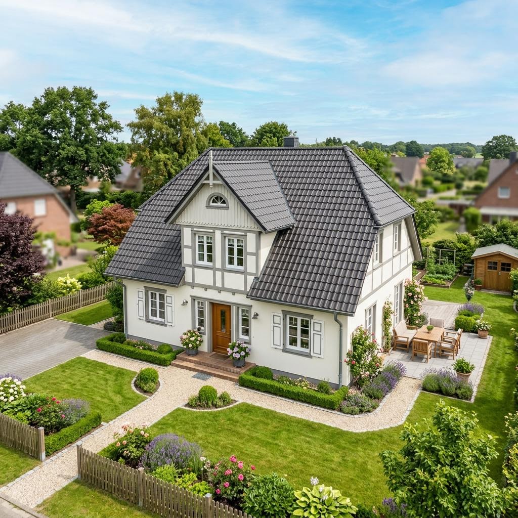 Kapitänshaus Nordfriesland 136 des Herstellers Danhaus Deutschland mit Krüppelwalmdach in Reet-Optik — 136 m²