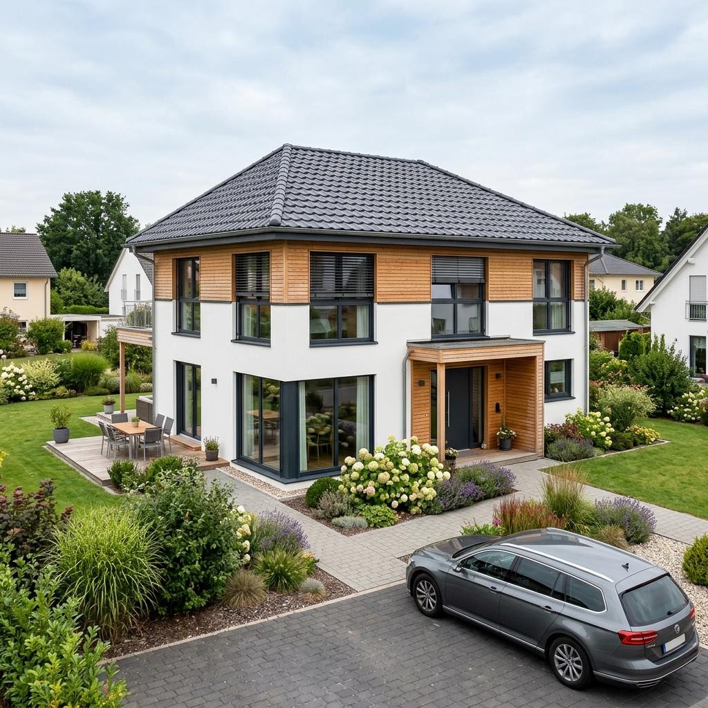 Landhaus Heideblick 142 des Herstellers Danhaus Deutschland mit Krüppelwalmdach und Sprossenfenstern