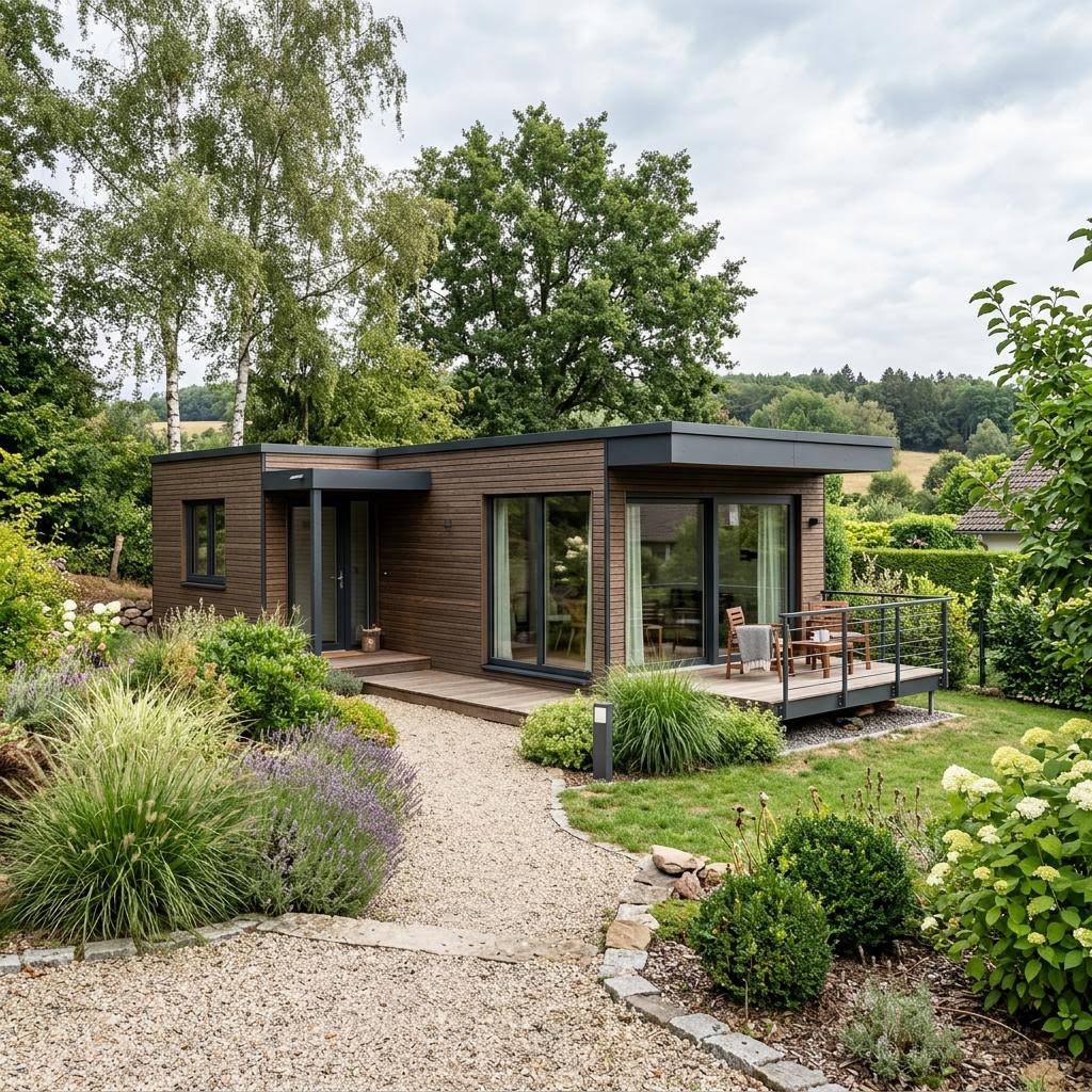 Ferienhaus Lyng 50 des Herstellers Danhaus Deutschland als kubischer Bungalow mit Flachdach und Photovoltaik