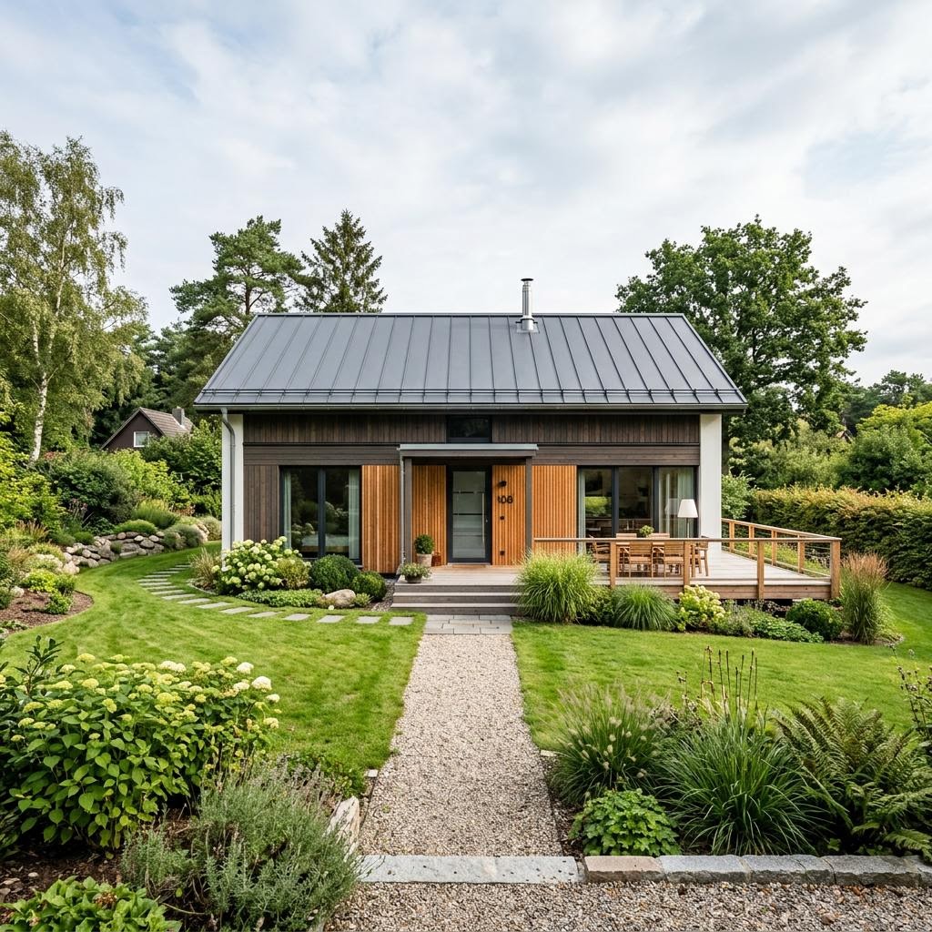 Ferienhaus Nord 108 des Herstellers Danhaus Deutschland als großer nordischer Bungalow mit Satteldach und Photovoltaik