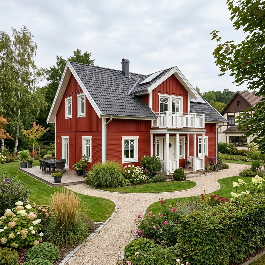 Schwedenhaus Falun 132 des Herstellers Danhaus Deutschland mit falunroter Holzfassade und Satteldach