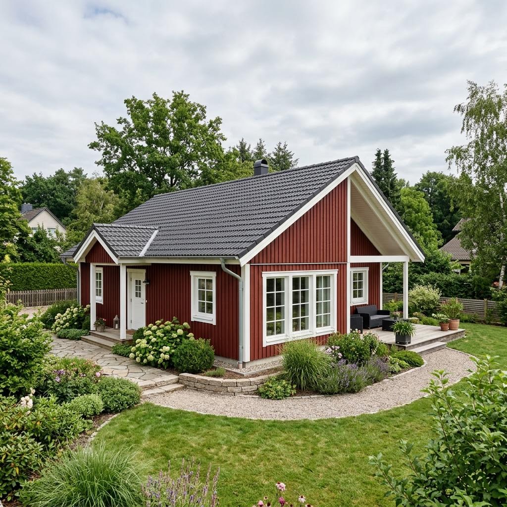 Schwedenhaus Öland 126 des Herstellers Danhaus Deutschland als ebenerdiger Bungalow mit roter Fassade
