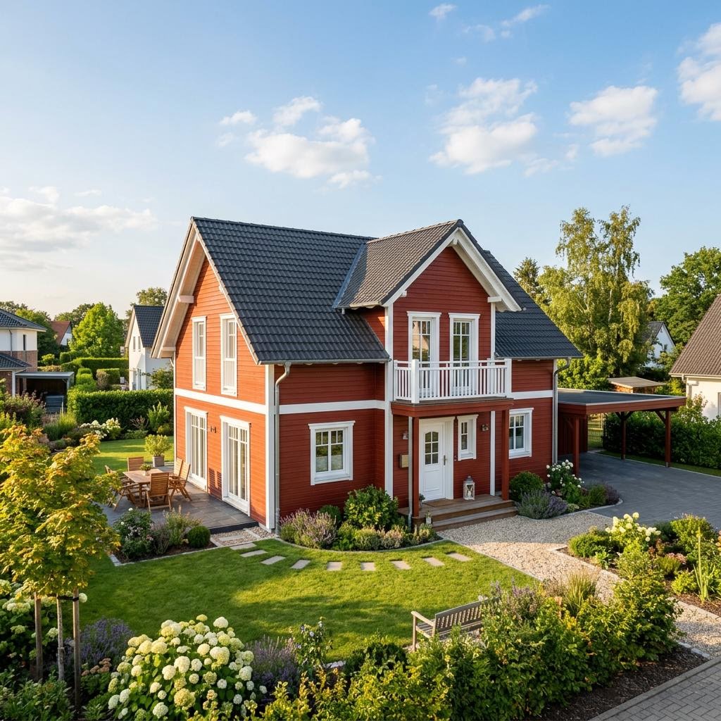 Platzsparendes Schwedenhaus Västerås 130 des Herstellers danhaus mit Holzfassade und Satteldach