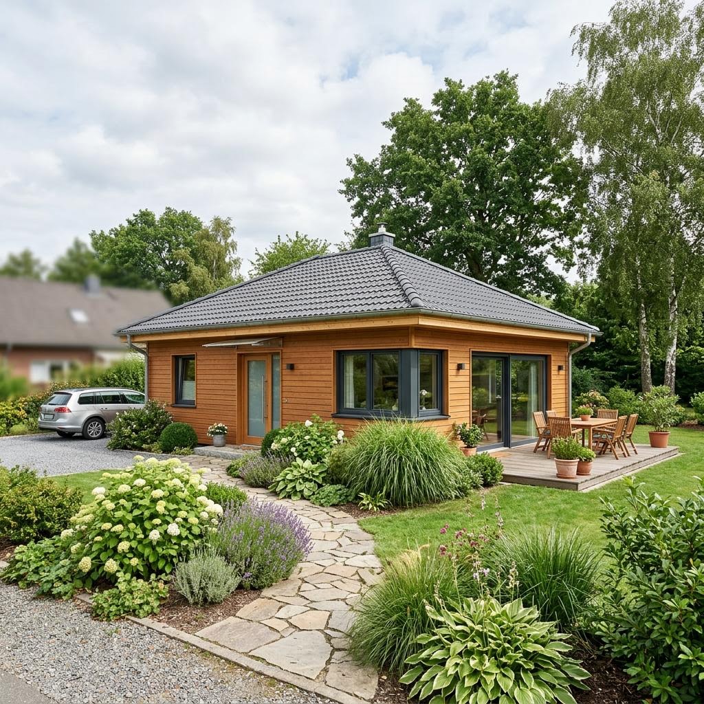 Ferienhaus Solskin 60 des Herstellers Danhaus Deutschland als nordischer Bungalow mit Walmdach und Photovoltaik